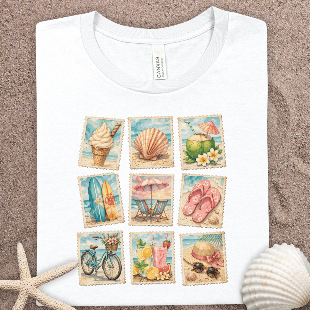 Summer Beach Icons T-Shirt — Vintage Coastal Vacation Graphic Tee