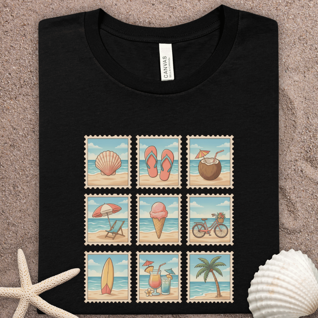 Beach Stamp Collage T-Shirt — Retro Coastal Icons (Shells, Flip Flops, Surf & Palm)