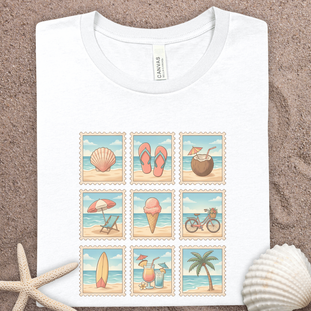 Beach Stamp Collage T-Shirt — Retro Coastal Icons (Shells, Flip Flops, Surf & Palm)
