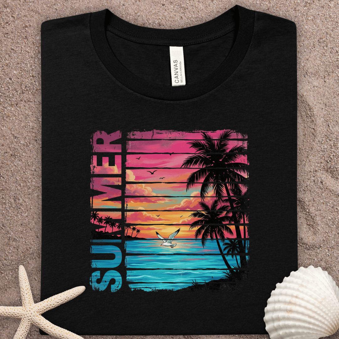 Summer Sunset Beach Tee — Retro Palm Tree Graphic T-Shirt