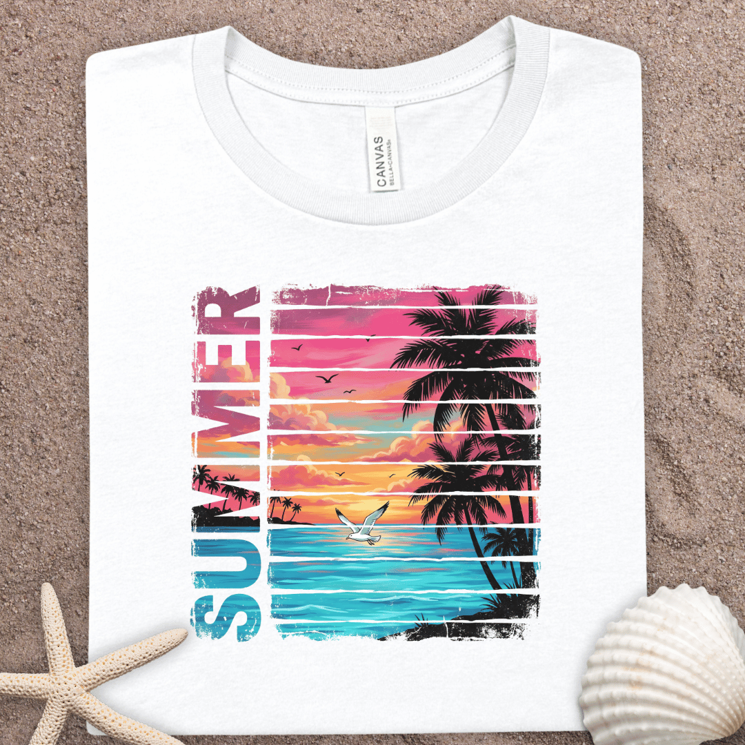 Summer Sunset Beach Tee — Retro Palm Tree Graphic T-Shirt