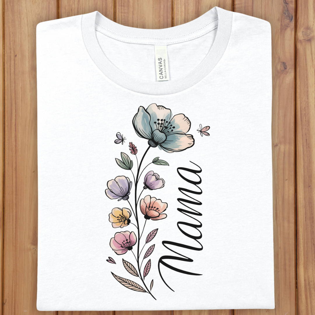 Mama Floral T-Shirt — Watercolor Vertical Flowers "Mama" Tee for Mother's Day