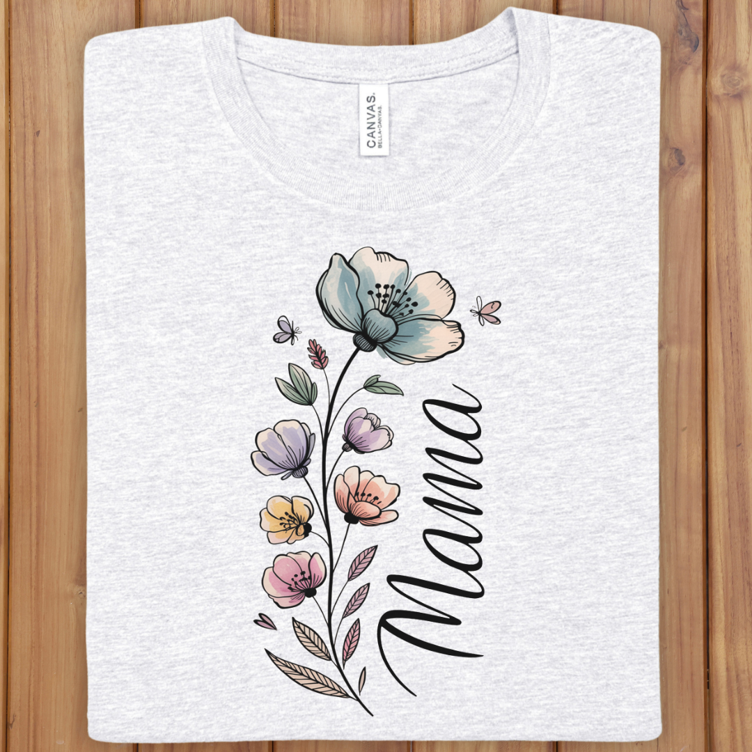 Mama Floral T-Shirt — Watercolor Vertical Flowers "Mama" Tee for Mother's Day
