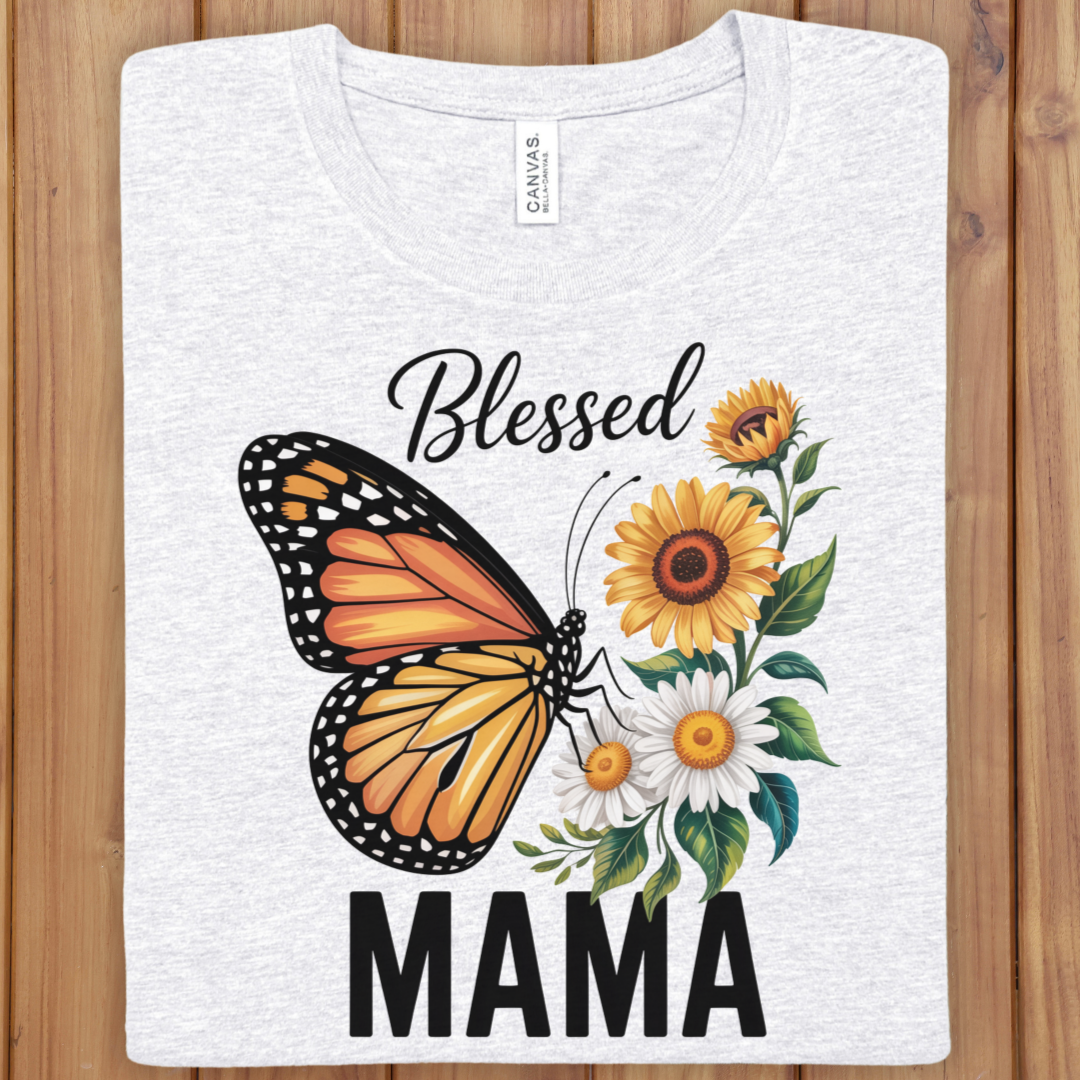 Blessed Mama T-Shirt - Monarch Butterfly & Sunflower Mom Shirt