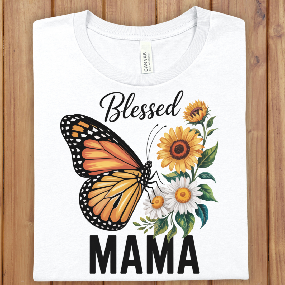 Blessed Mama T-Shirt - Monarch Butterfly & Sunflower Mom Shirt