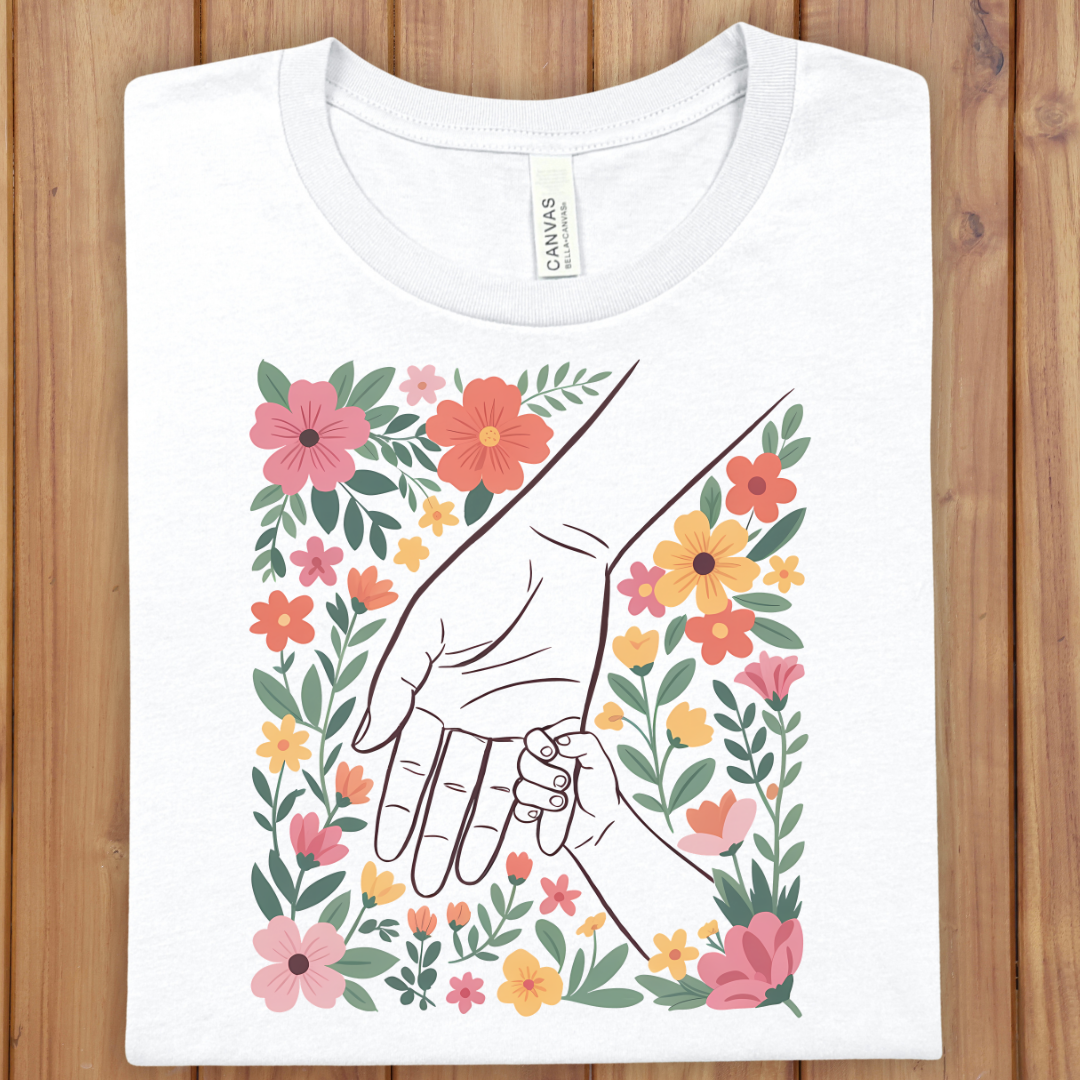 Mother & One Child Floral T-Shirt — Holding Hands Design