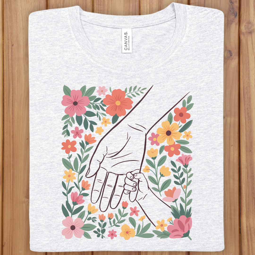 Mother & One Child Floral T-Shirt — Holding Hands Design