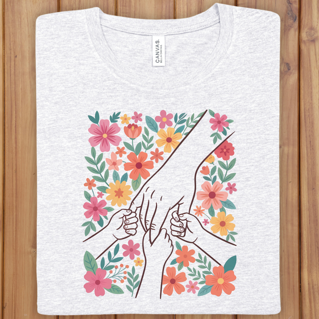 Mother & Three Children Floral T-Shirt — Holding Hands Design