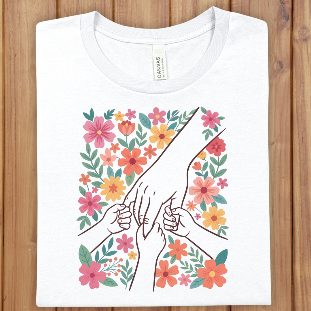 Mother & Three Children Floral T-Shirt — Holding Hands Design