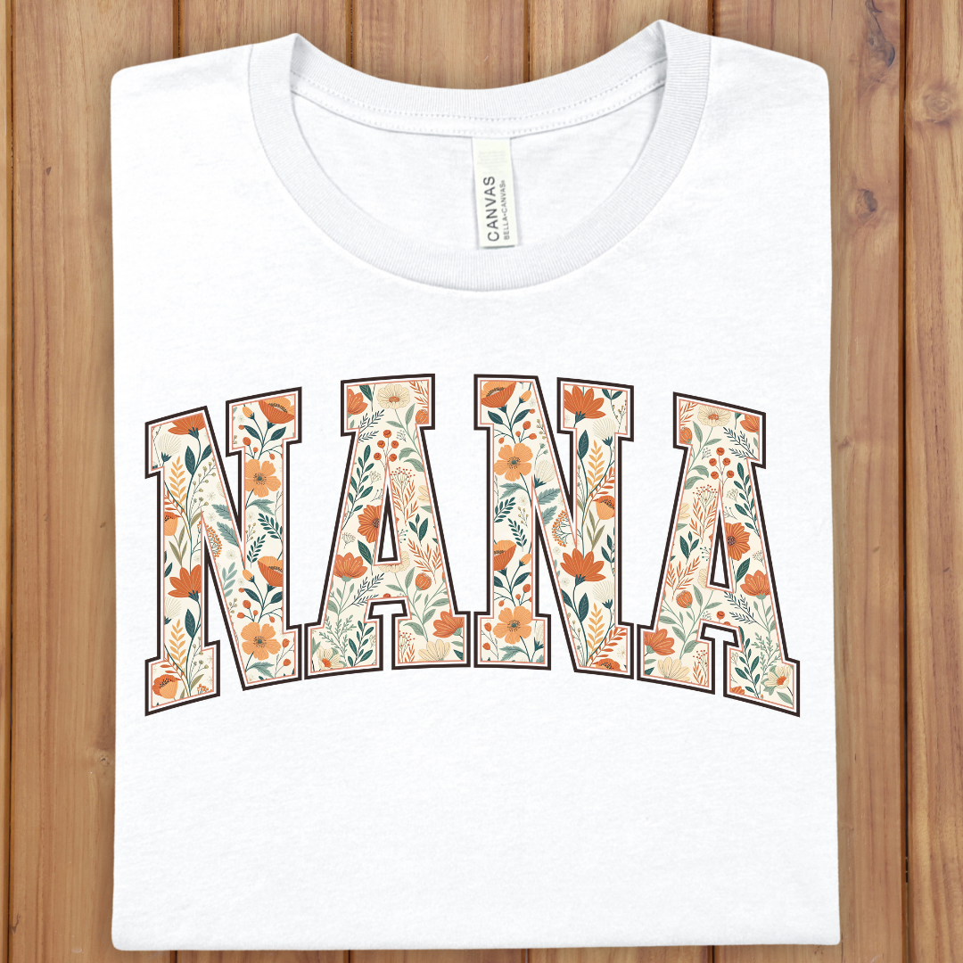 Nana Floral Appliqué T-Shirt – Vintage Flower Letter Tee for Grandmothers