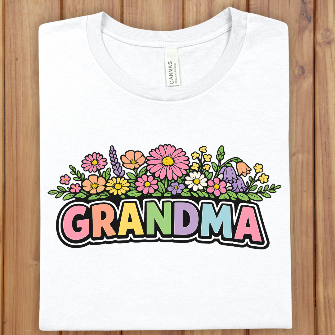 Grandma Floral Tee — Colorful Retro 'GRANDMA' Graphic Shirt