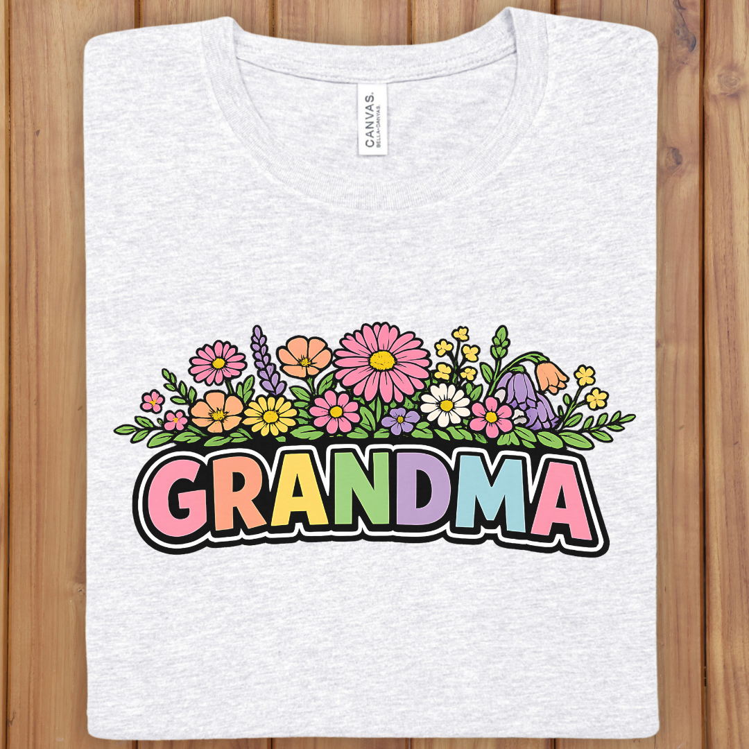 Grandma Floral Tee — Colorful Retro 'GRANDMA' Graphic Shirt