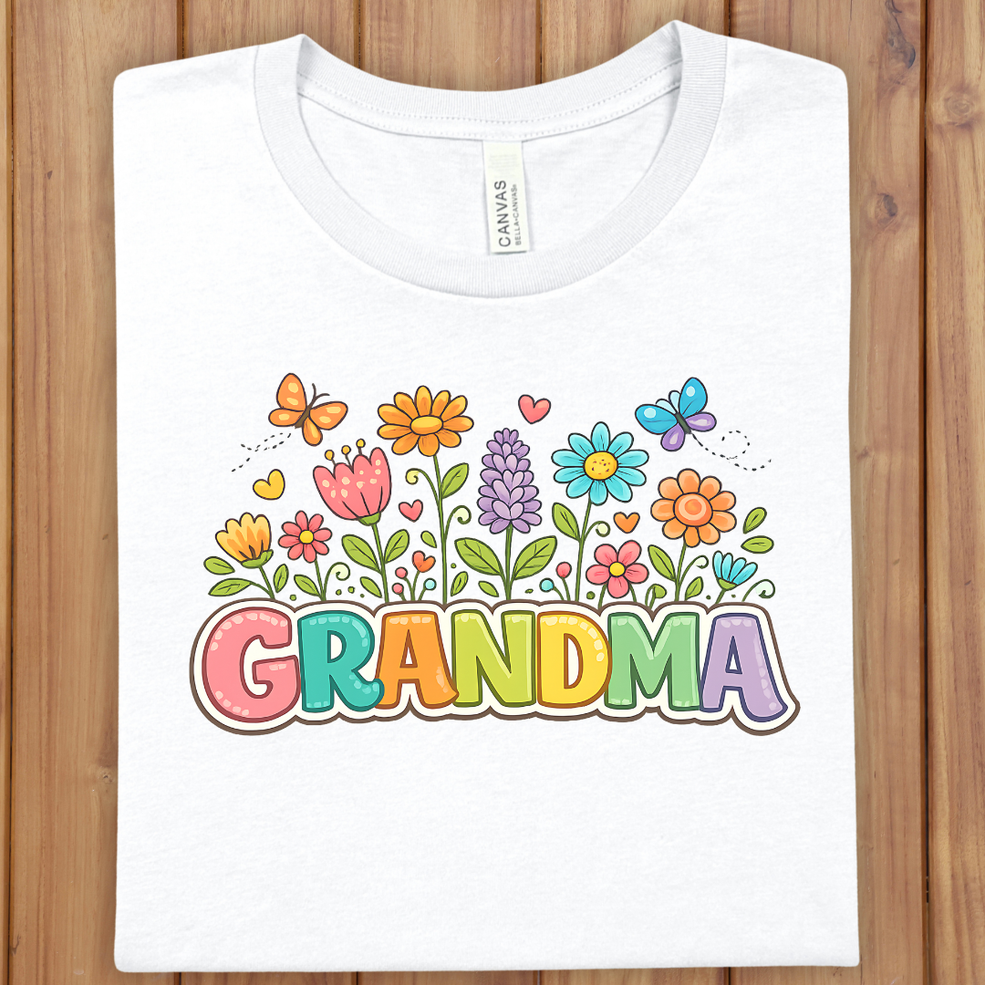 Grandma Floral Garden T-Shirt — Colorful 'GRANDMA' Retro Flowers Tee