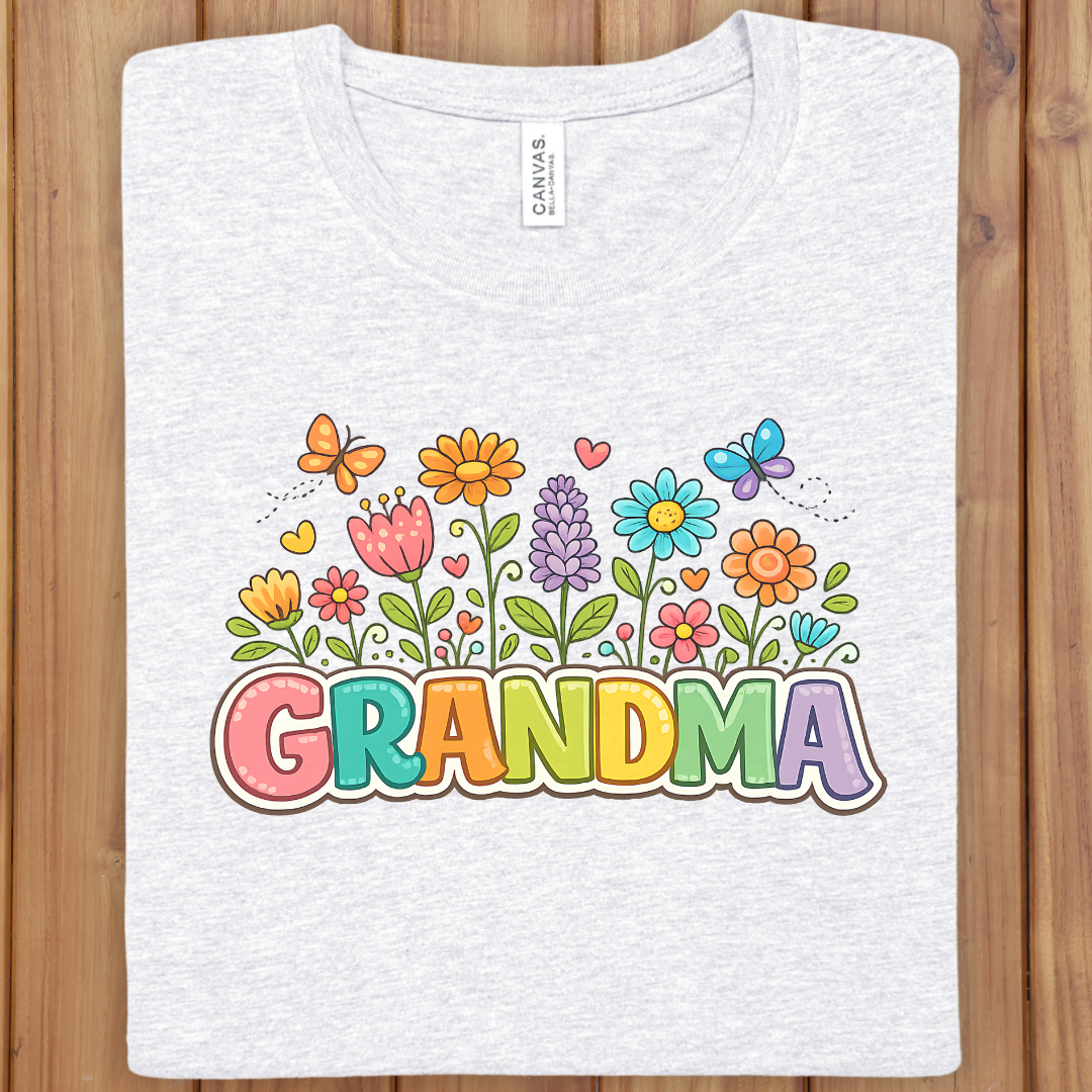 Grandma Floral Garden T-Shirt — Colorful 'GRANDMA' Retro Flowers Tee