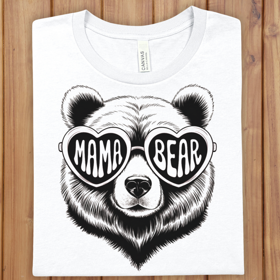 Mama Bear T-Shirt – Heart Sunglasses Graphic Tee for Moms