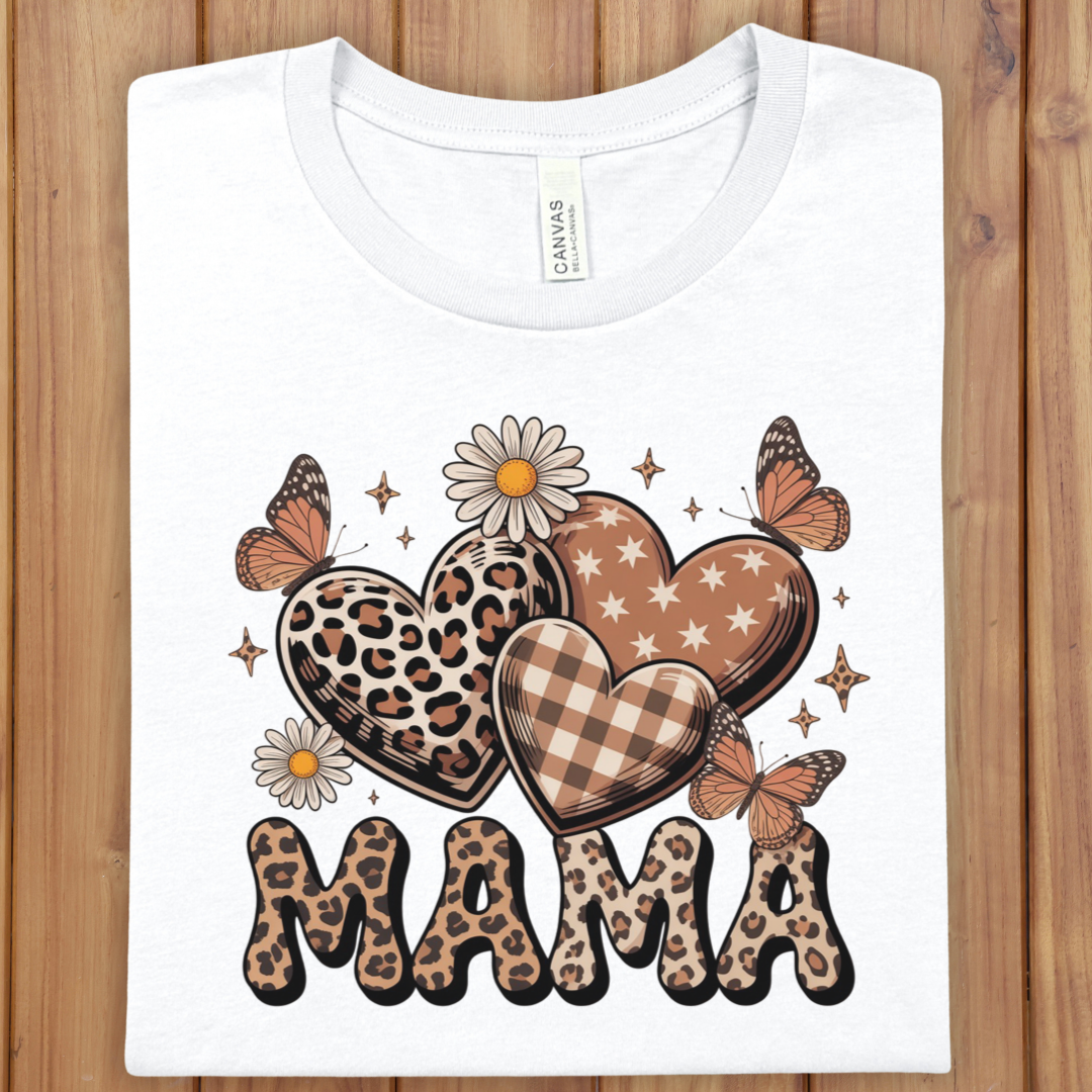 Mama Hearts Leopard Plaid Tee — Floral Butterfly "MAMA" Graphic Shirt