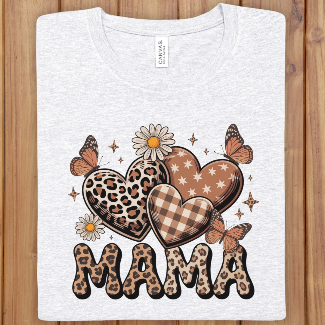 Mama Hearts Leopard Plaid Tee — Floral Butterfly "MAMA" Graphic Shirt