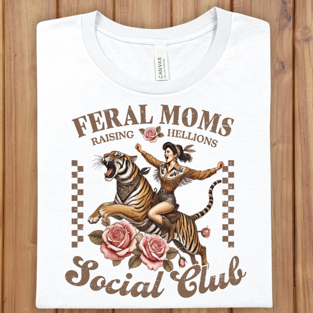 Feral Moms Social Club Tee — "Raising Hellions" Vintage Tiger Rider Graphic Shirt
