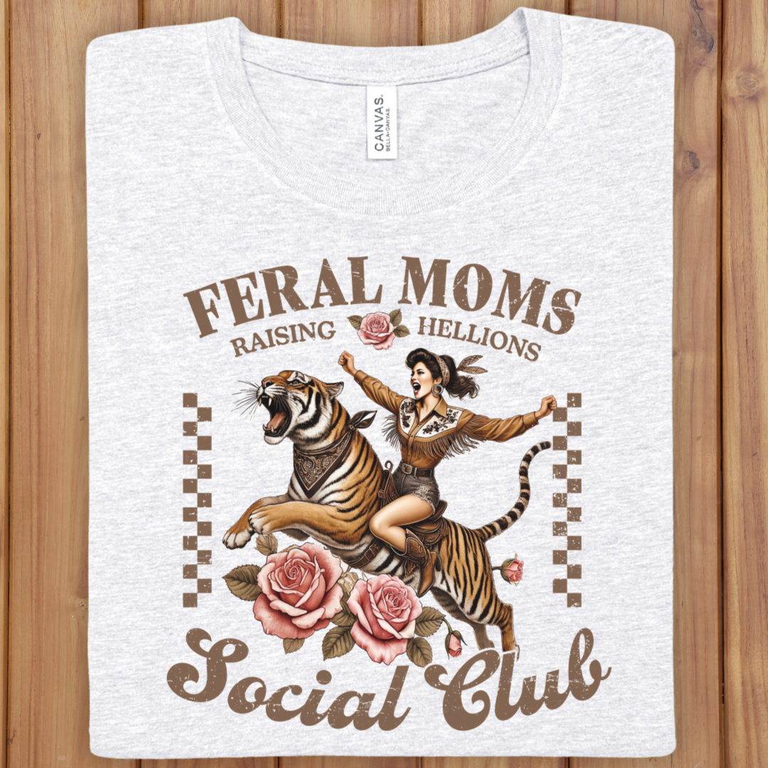 Feral Moms Social Club Tee — "Raising Hellions" Vintage Tiger Rider Graphic Shirt