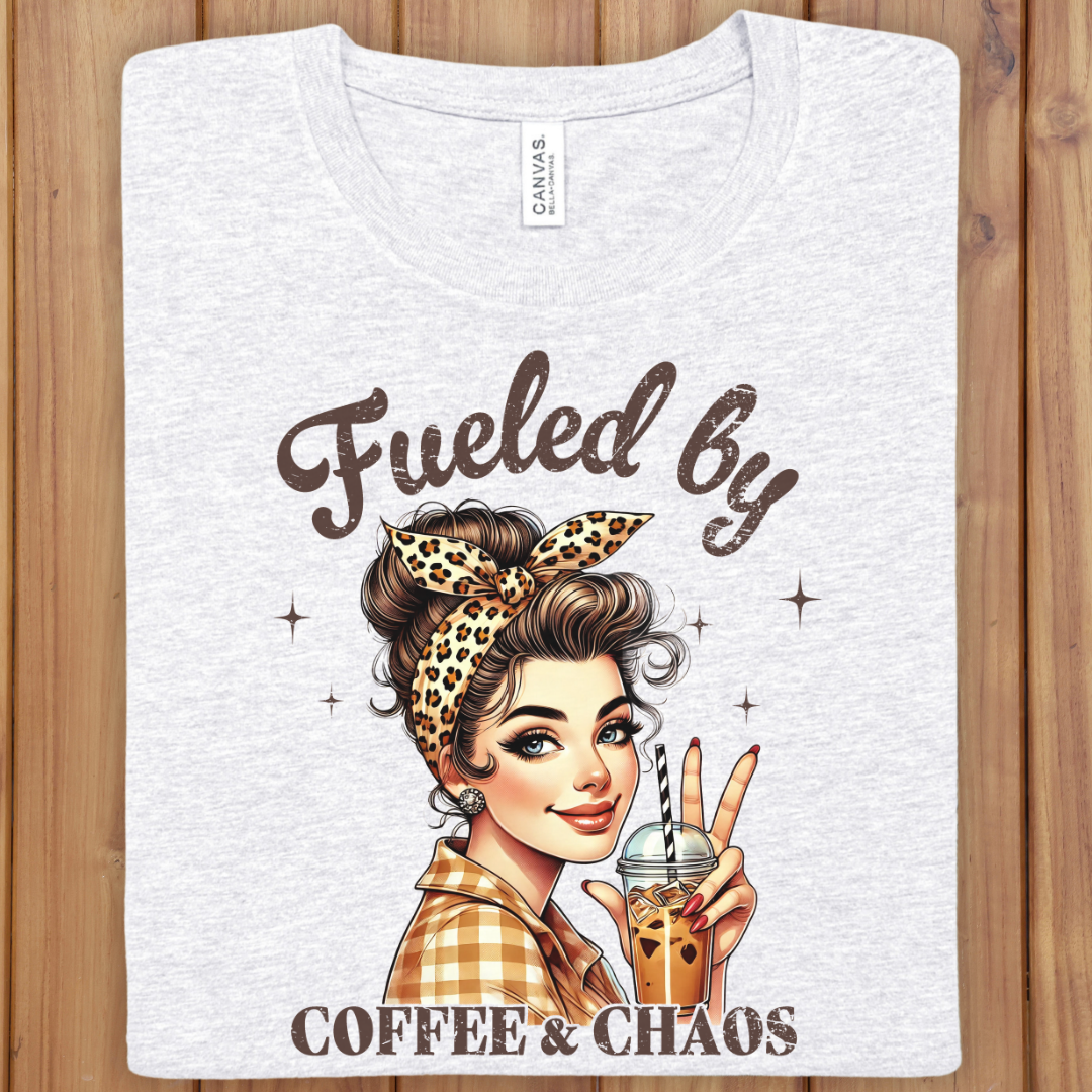 "Fueled by Coffee & Chaos" Graphic Mom Tee (Retro Rosie Girl)