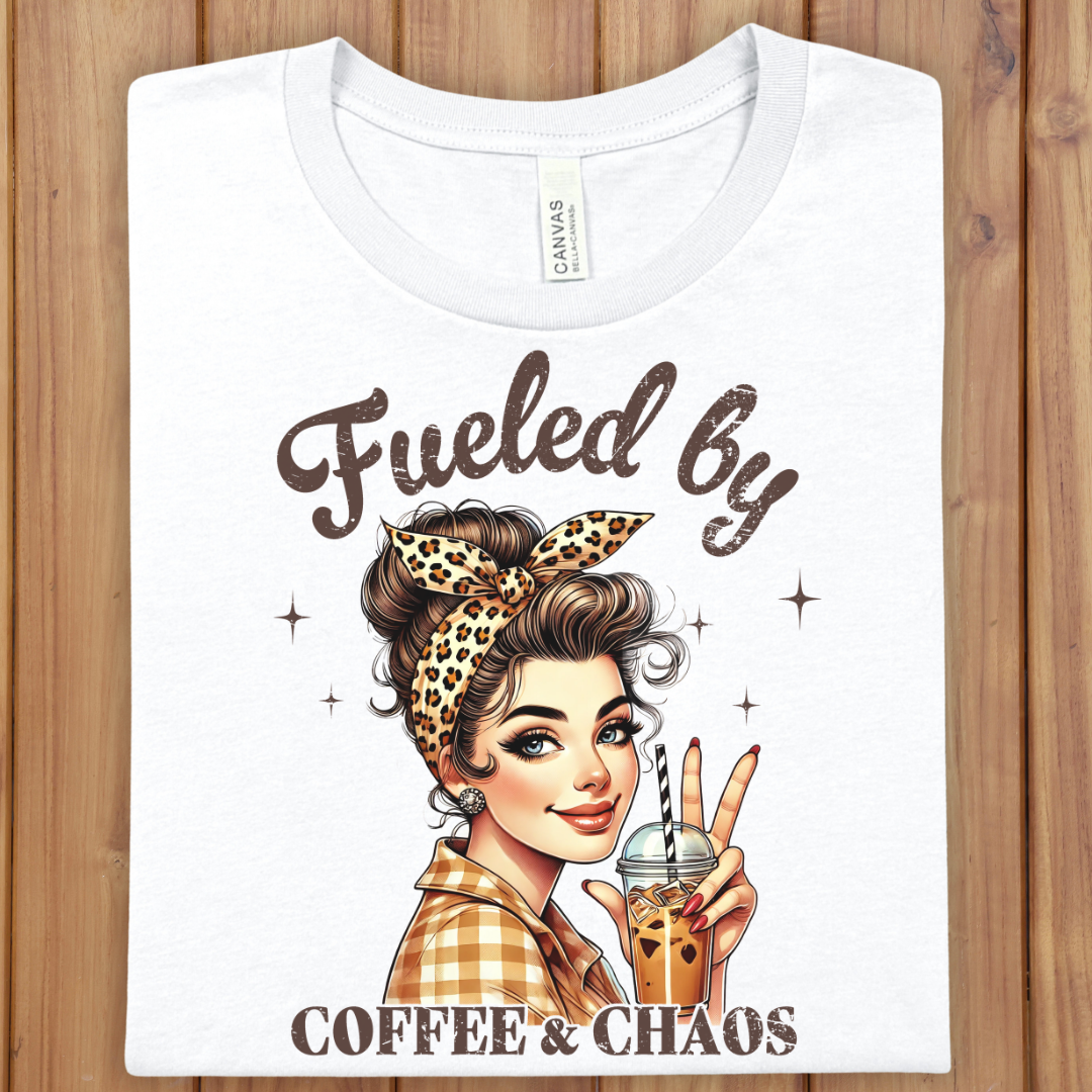 "Fueled by Coffee & Chaos" Graphic Mom Tee (Retro Rosie Girl)